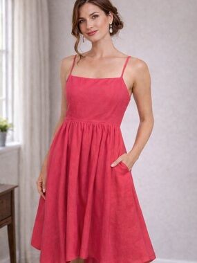 Aura Coral Pink Square-Neck Midi Dress with Spaghetti Straps